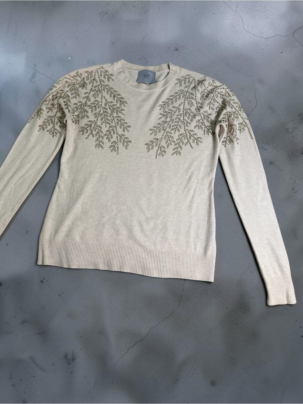 LIV Cream Embellished Long-Sleeve Knit Top